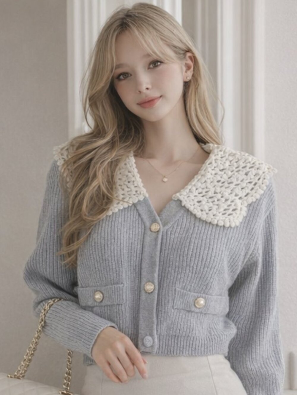 Shimmer Knit Lace Collar Cardigan – Pearl Buttons | Elegant Grey | NWT